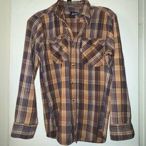 Levi's Men's Tan and Navy Plaid Button-Down Shirt